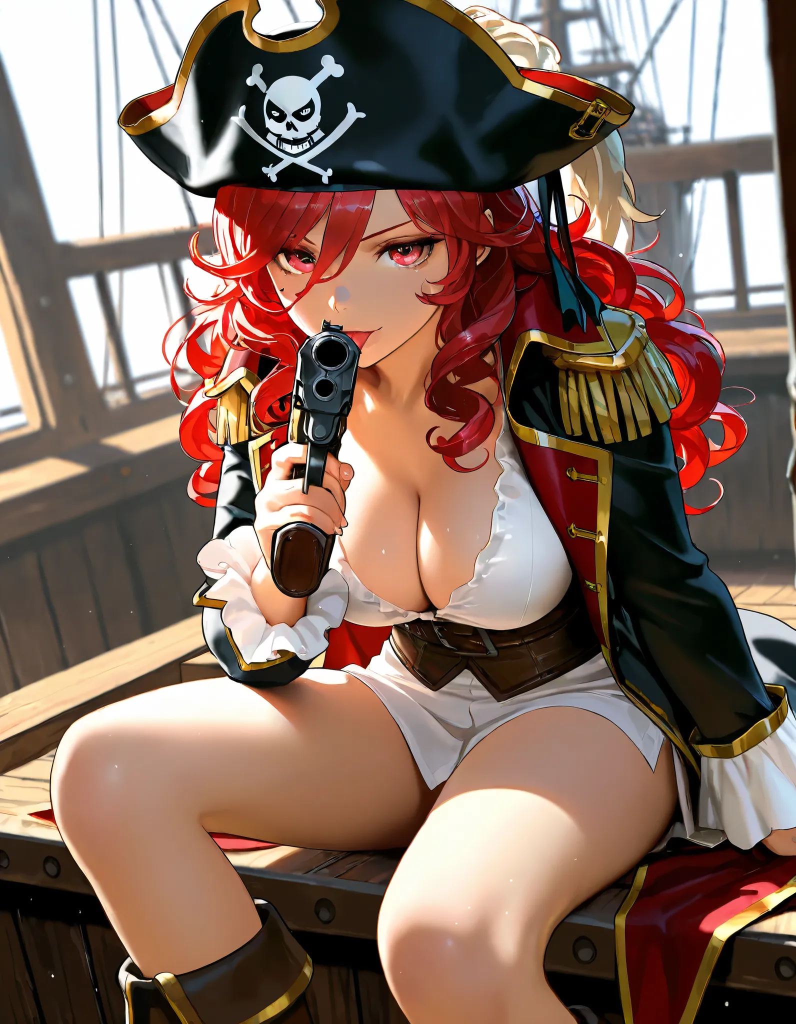 Digital art Illustration, 1girl, sitting on Pirates ship, wearing a Pirates clothes, detailed face and eyes, girl with long red hair,Curly hair, masterpiece, cinematic view, cinematic angle, cinematography, masterpiece, looking at viewer, Pirates Hat, deta...