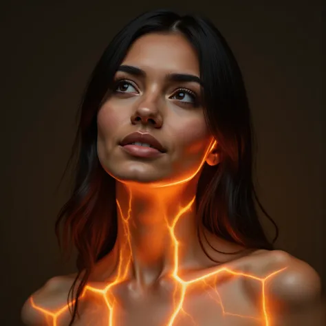 A hyper-realistic striking close-up with burning skin portrait of a 24-year-old young women with a heart-shaped face, long black hair. It has a smooth and slightly wavy texture, delicate bright skin with smooth texture, huge round shape chubby and perfectl...