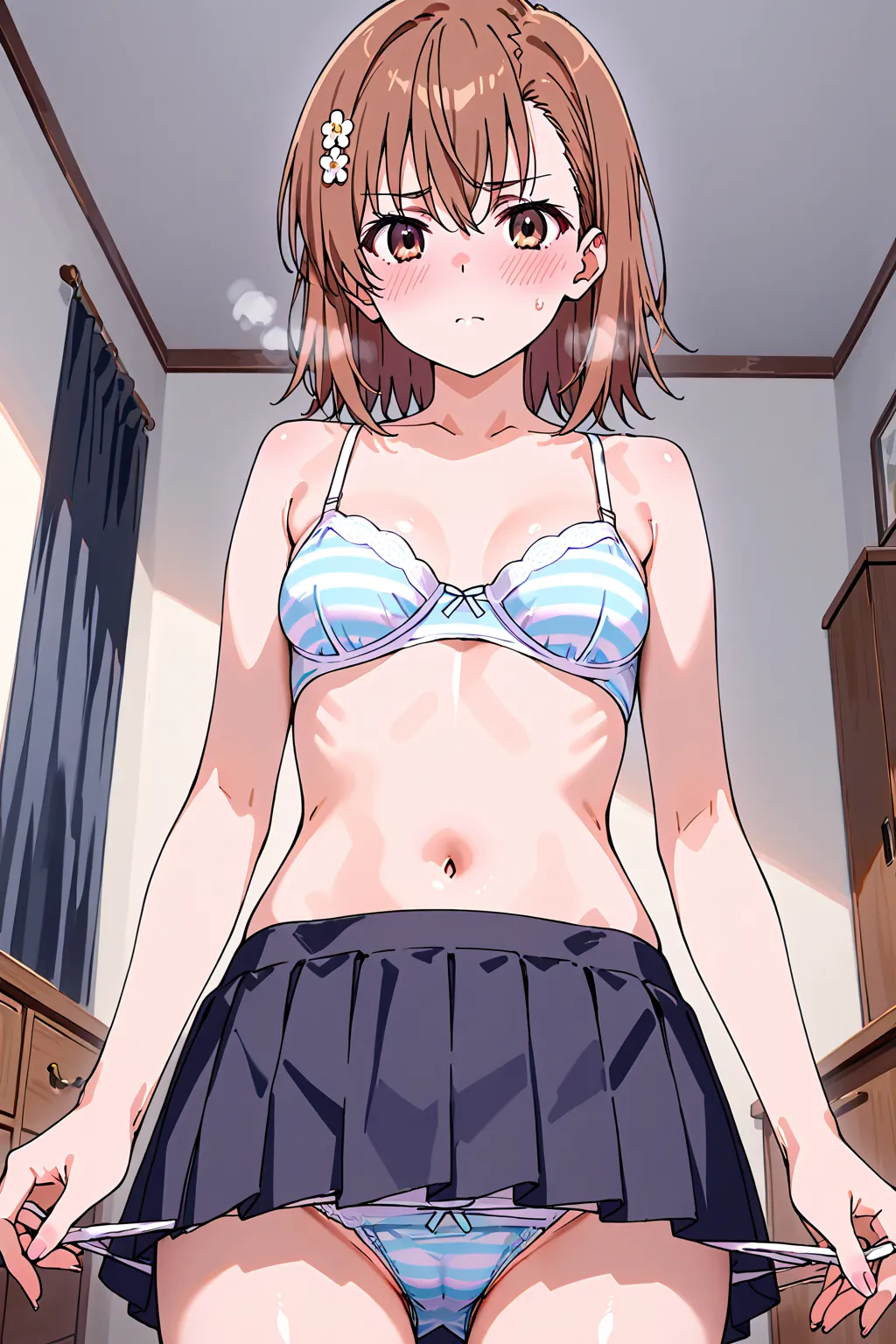 Beautiful Girl、Misaka Mikoto、pleated skirt、blush、 girly room、chest of drawers、chest of drawersの引き出しが開いている、chest of drawersの中には下着、panties in hand、holding panties with both hands、steam from panties、chest of drawersが開いてる、shows off her panties、Crotch、panties c...