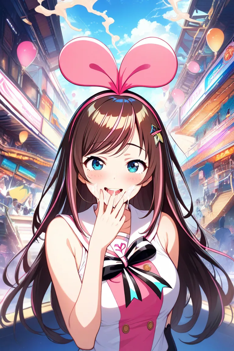 a bitchy girl,solo,very short length shirts ,tied shirts,,, ,kizuna ai,sleeveless,,smile,,blush,fellatio,drooling,((cum on face)),,fellatio gesture, fingers around tongue,

((hyper super ultra detailed perfect piece)),illustration,masterpiece,(extremely de...