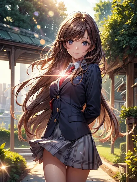 (((masterpiece))), (((best quality))),extremely detailed CG,(lens flare:1.4),the background is school garden,(magnificent view:1.2),(wind),1 girl,solo focus,red long hair ,light smile,light makeup,cinematic angle,Small breasts, school uniform blazer, 


