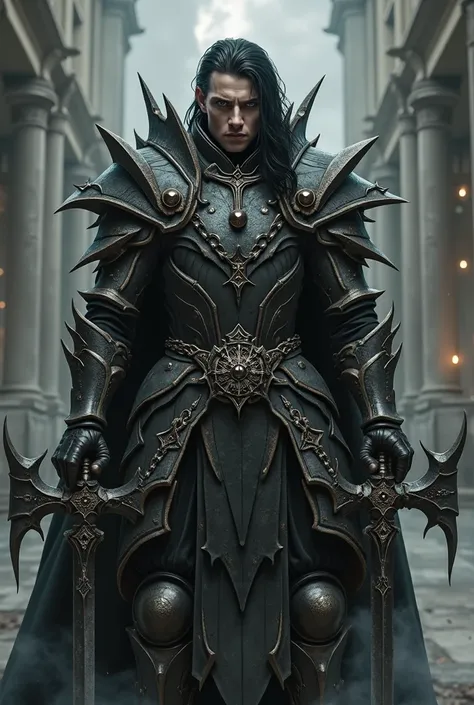 Paladín in his 30s.
Long Black hair. 
Ebony Gothic armor with metal spikes and religious symbols.
Wielding two weapons.
Without a helmet.
No beard. 