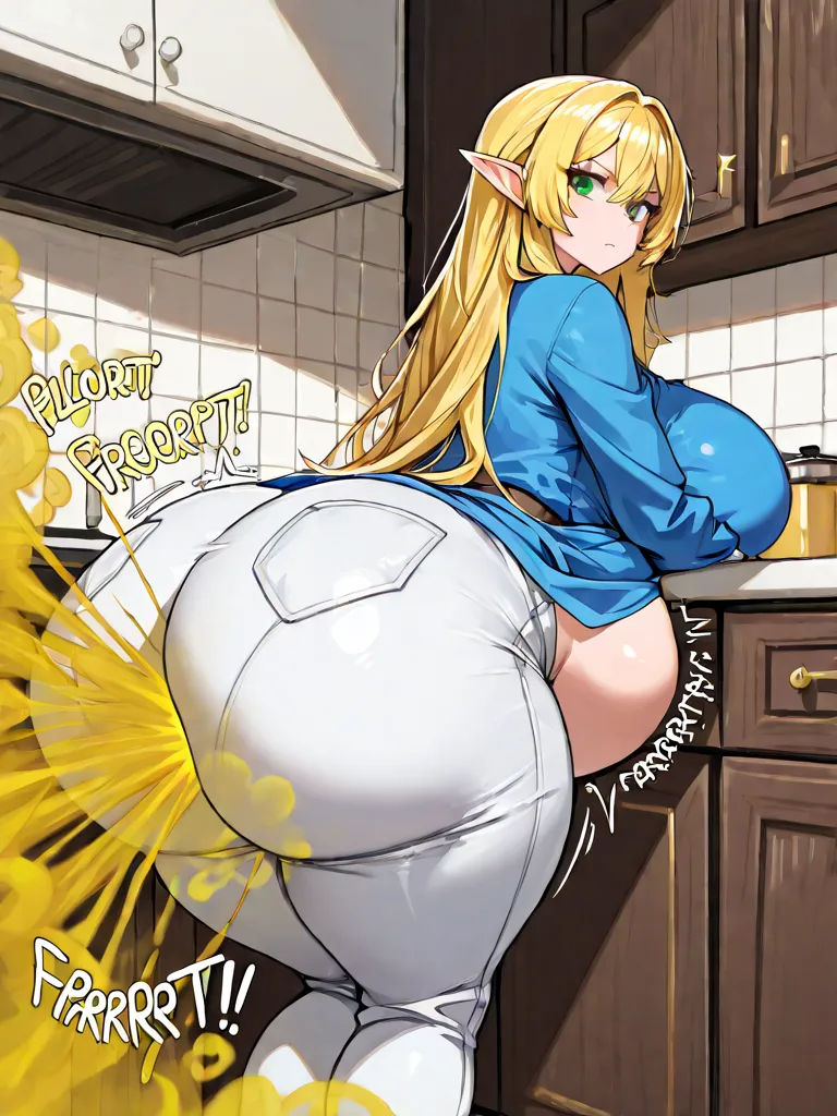 One curvy elf girl is farting big and obscene in a kitchen, shoulder length hair, golden hair, emerald eyes, unbelievably tall girl, blue tunic, white pants, carefree, unconcerned, slob, relaxed, standing, huge breast, huge butt, massive butt, giant butt, ...