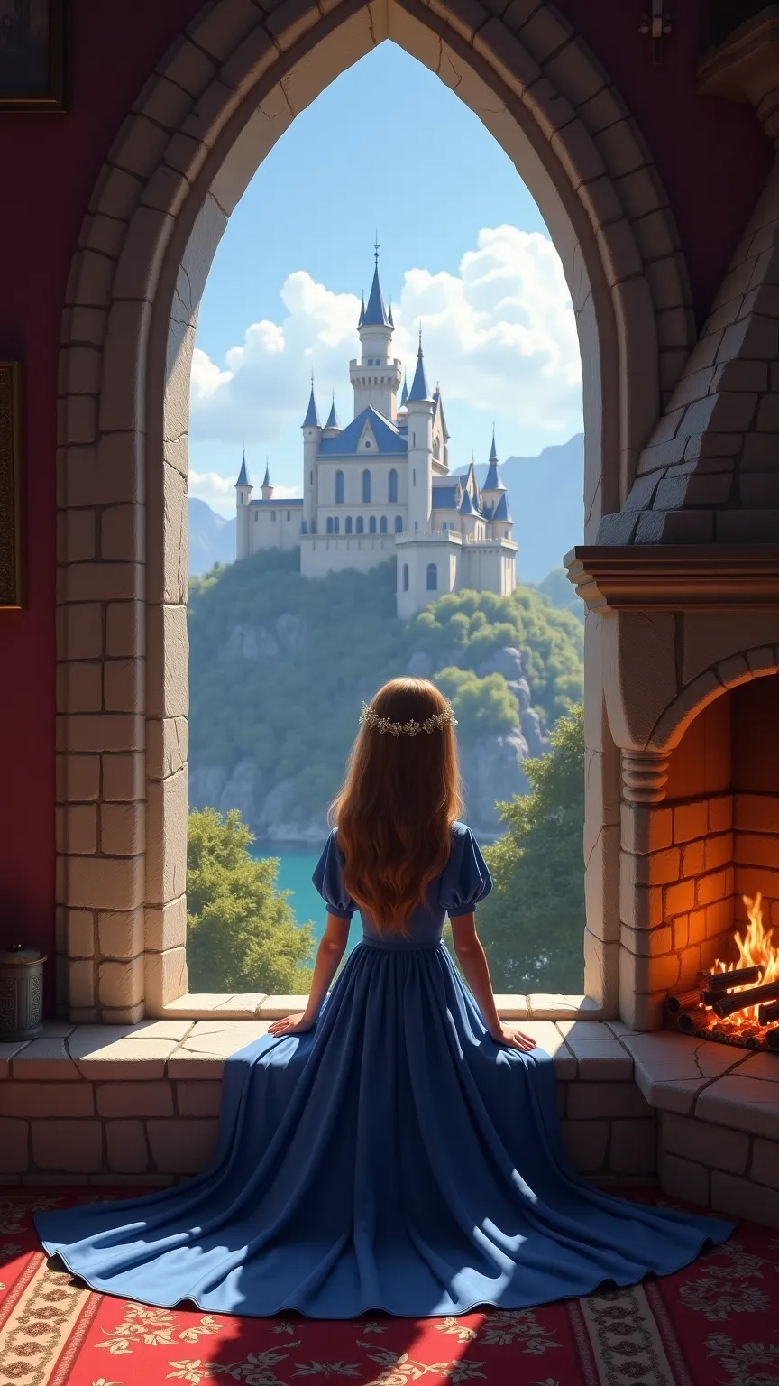 Realistic photo, girl in blue dress sitting by large fireplace in cozy medieval style room. She looks out window, from which in the distance is seen magnificent castle against the background of mountains and clear sky.