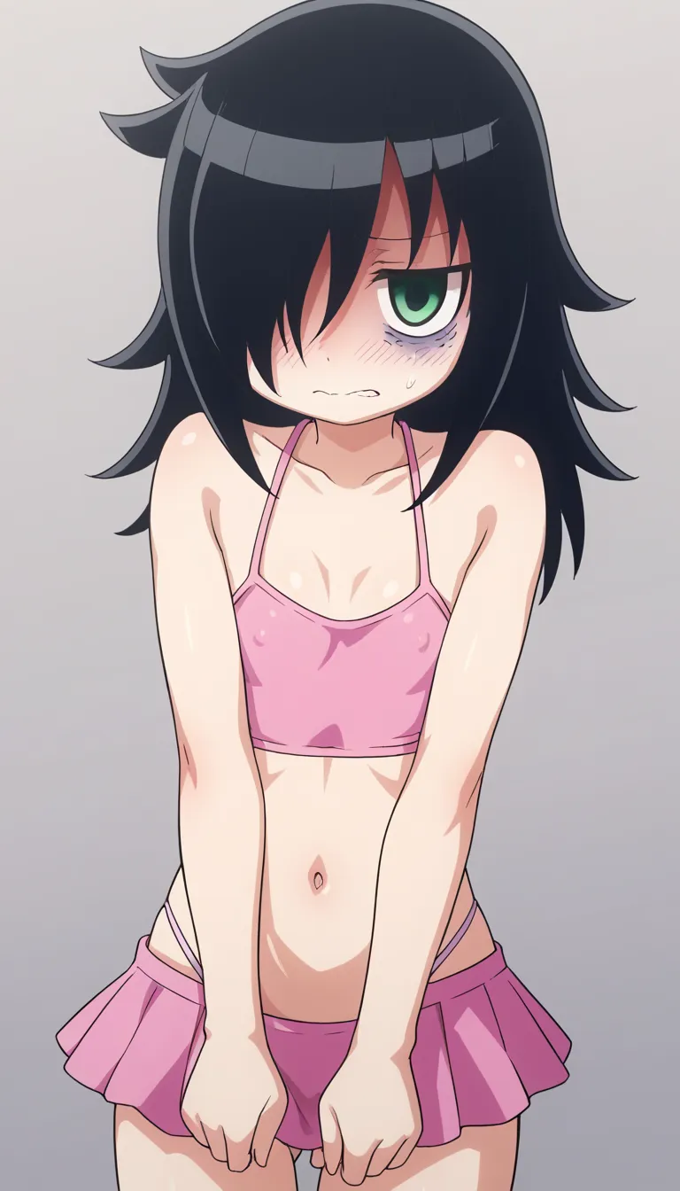 tomoko kuroki, long hair, black hair, green eyes, hair over one eye, bags under eyes, flat chest, red face, red face, embarrassed, Ashamed, filming a video, blush, micro skirt, thong peek, no bra, tight pink latex top,