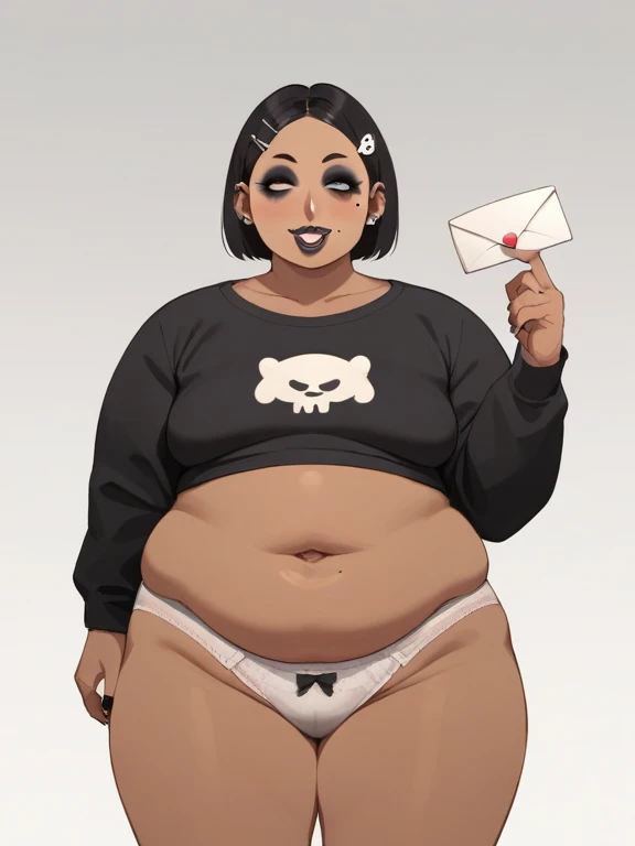 score_9, score_8_up, score_7_up, score_6_up, source_anime，nsfw， uncorrected， front view， dark skin on the tip of the mouth，tone, pregnancy，no underground，chubby indian middle-aged woman，Mature Woman，Lala Soone， Low，Middle-aged obesity，gothic ,eyeliner,eyes...