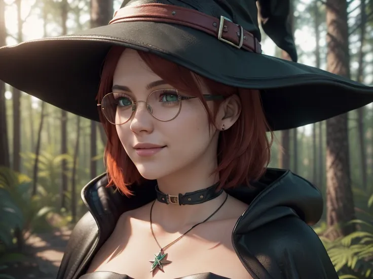 (close-up, face:1.6). short player, (red hair:1.6), (green eyes:1.6), (metal frame diopter glasses:1.4), (necklace:1.4), (witch hat:1.6), (cloak:1.4), (strapless dress:1.6), ( smile:1.2) girl  (Stands against the backdrop of a forest:1.6). ( Masterpiece , ...