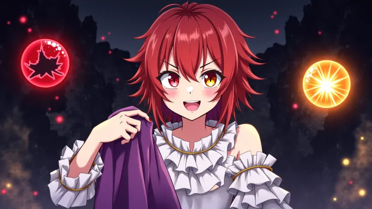 anime style, hero with bright, with slightly tattered hair, one eye is red, another yellow, sinister smile. The character wears white clothes with ruffles, holding purple cloth. Bright magic orbs float around him: red, energetic, with dark flashes inside, ...