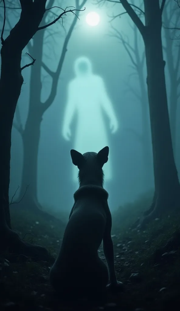 Create a surreal and eerie photo of a dog standing in the middle of a dark, misty forest, barking intensely at something unseen. The dog's fur is slightly raised, and its eyes are wide with fear or alertness. In front of the dog, a faint, ghostly figure be...