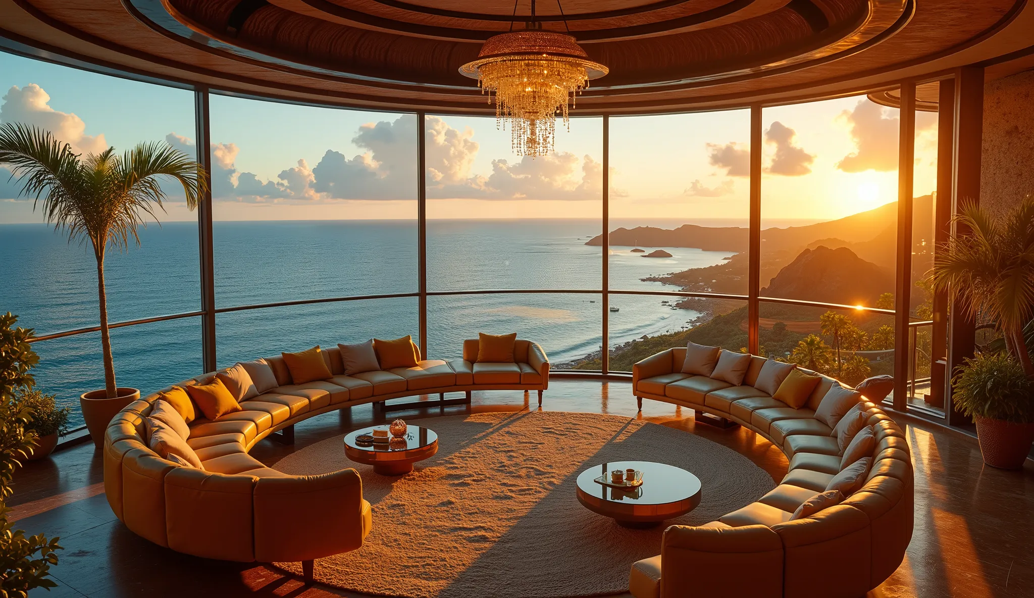 bird's eye view of a d'un (très très vaste salon en rotonde panoramique), (overlooking the magnificent bay of Hawaii with hight mezzanine), inspired by Dennis Fremont, Wide-Angle, ((masterpiece)), high details, 8k, (retro futurism style), ambiance lumineus...