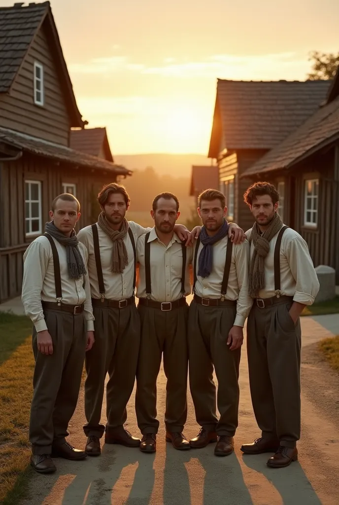 A group of seven  ren from the 1930s, dressed in worn linen shirts, braces and faded scarves, stand hugging their shoulders in the courtyard of a small town. The scene shines under the warm sunset, casting long shadows on weathered wooden houses and a wind...