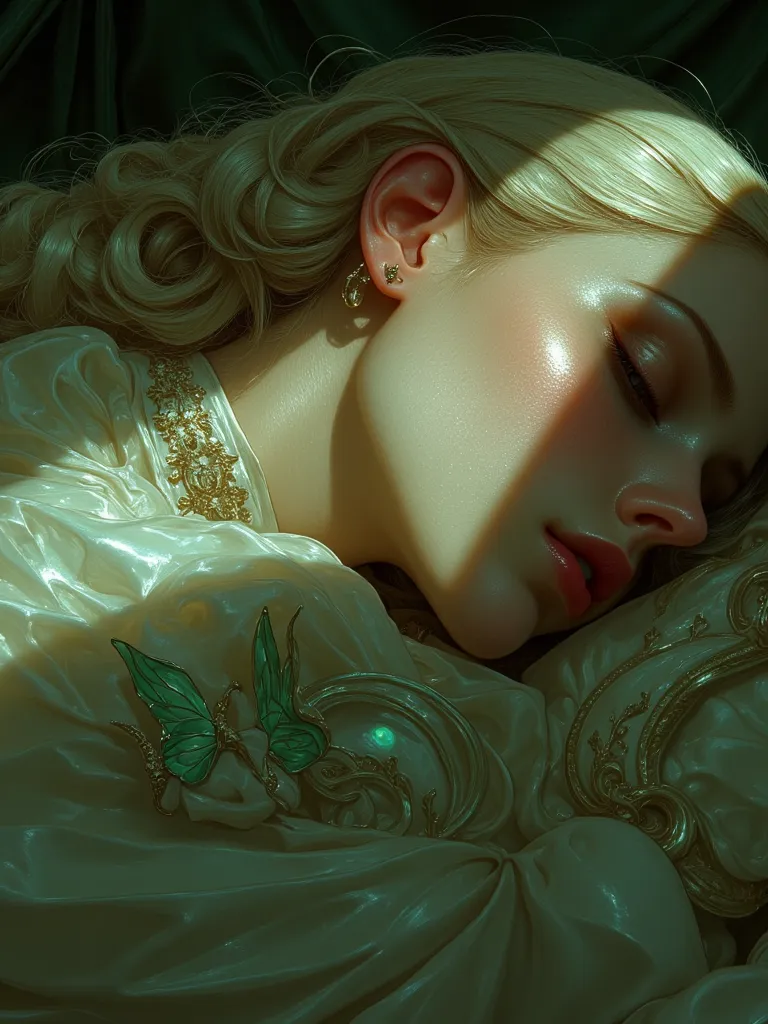 Beautiful albino european woman full body view sleeping portrait, prism colors reflecting in her face, sun light coming from right side on 45 degrees directly in her face, green veil and factory, dramatic shadows, blonde, freckles, serene, sweet smile, pal...