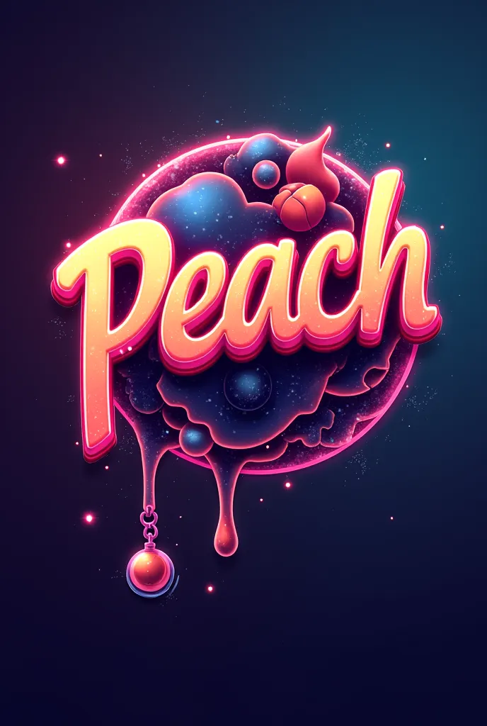 Create a sticker with the word Peach arranged dynamically, dans un style futuriste et vibrant. With bottom fishing 