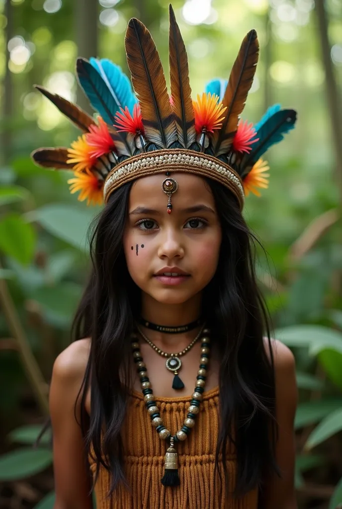 A  indigenous girl from the Brazilian Amazon, standing in a lush tropical rainforest, facing forward and looking directly at the viewer. She has light skin with a soft tan, slightly almond-shaped bright green eyes, and long, straight black hair falling ove...