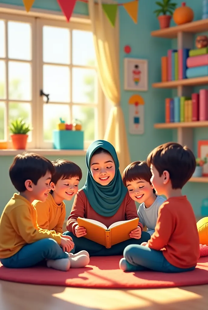 A warm and welcoming kindergarten scene where a hijabi teacher is sitting in a circle with young ren, reading a storybook aloud. The ren are engaged, smiling, and interacting with excitement. The environment is cozy, featuring soft cushions, bookshelves, a...