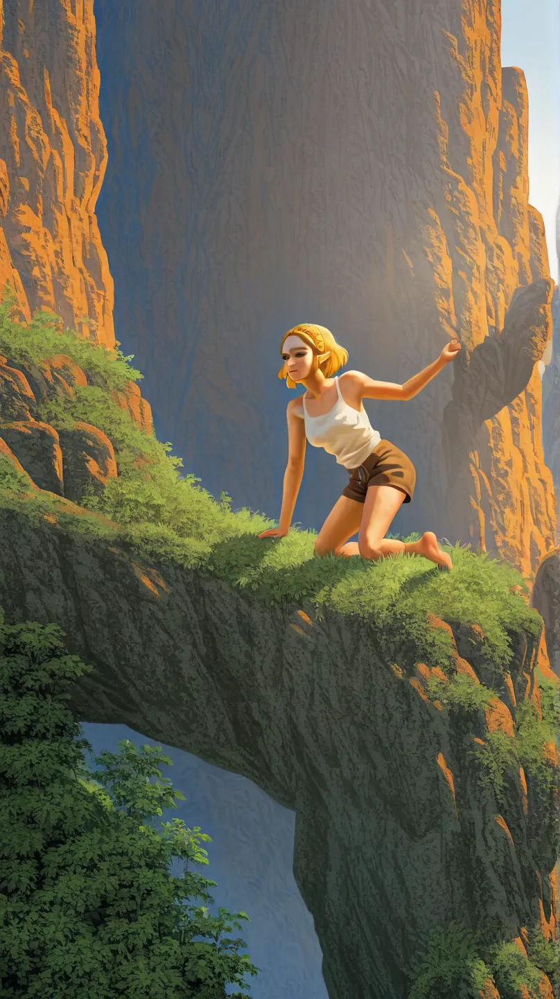 Princess Zelda in Hyrule climbing a mountain, wearing casual beige tank top and brown shorts