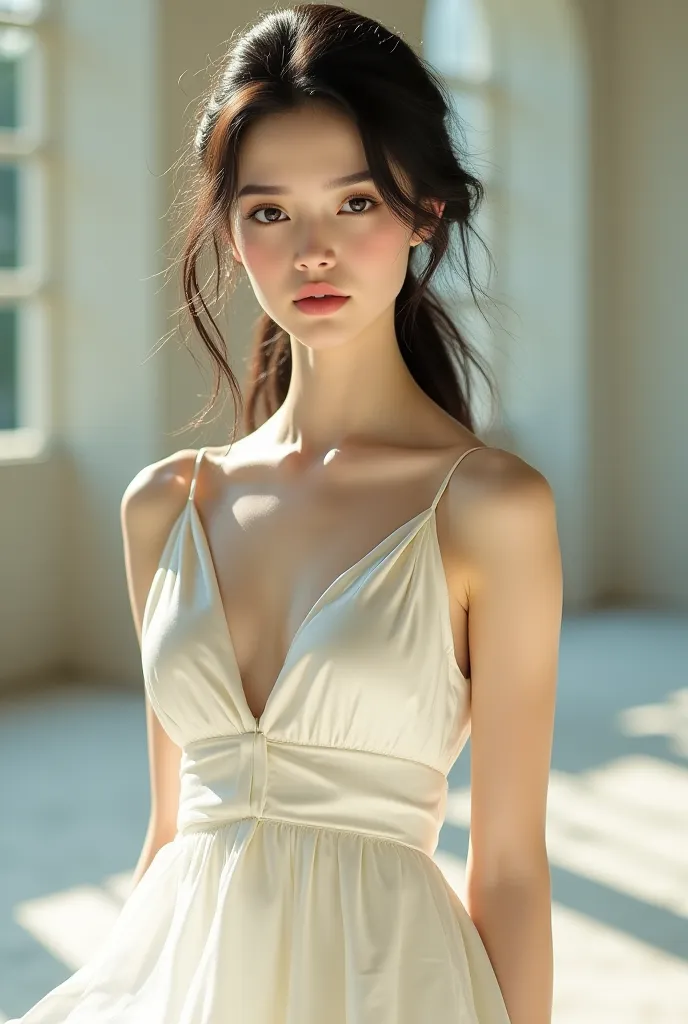 Create me an image of Izabela Łęcka from a song "Doll " clad in white elegant silk dress without neckline