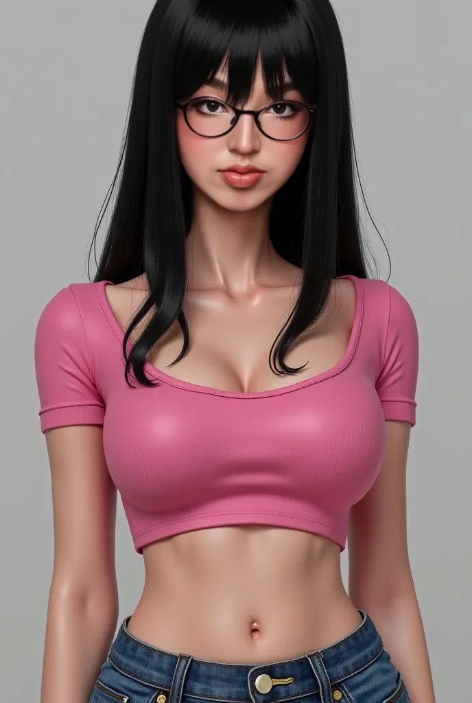  A girl with a sexy body, white skin, straight black hair without fringes, wearing a very tight short sleeve short pink top, flat stomach with denim pants attached to her wide hips