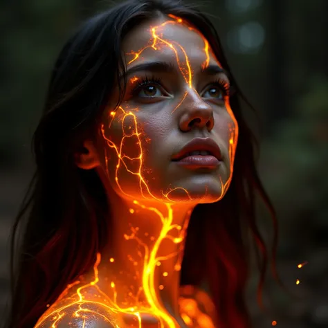 Hyper-realistic close-up of a 24-year-old young women with a heart-shaped face, long black hair, with molten lava flowing across her flawless face and body, forming glowing cracks that resemble veins of liquid fire. The golden-orange radiance illuminates, ...