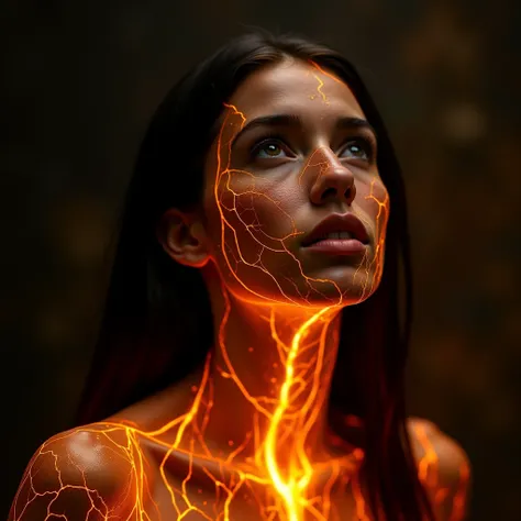 Hyper-realistic close-up of a 24-year-old young women with a heart-shaped face, long black hair, with molten lava flowing across her flawless face and body, forming glowing cracks that resemble veins of liquid fire. The golden-orange radiance illuminates, ...