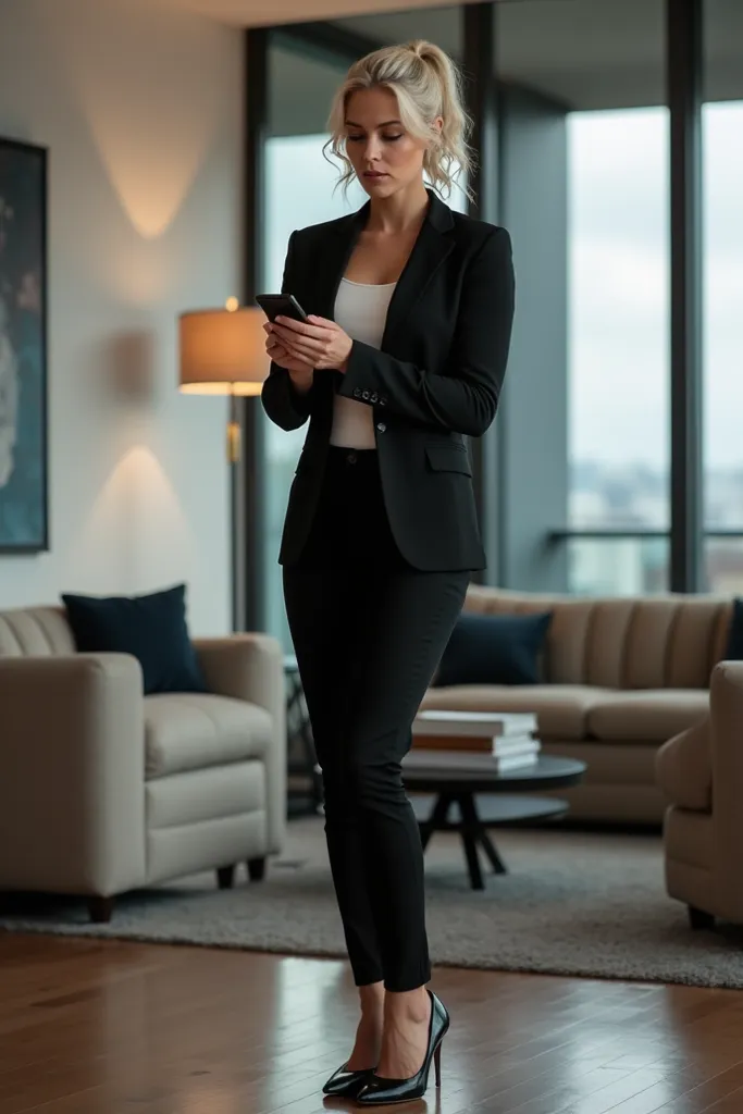 Juliette wears a fitted black blazer over a simple white blouse, paired with dark pants and sleek black heels. Her fit, muscular body is evident even in this professional outfit, with her toned arms and legs providing a striking contrast to her sharp, conf...