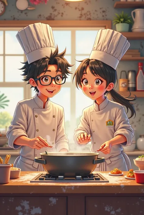 Animated image of a couple of chefs with baby faces, the man with glasses and without a beard and the dark woman 