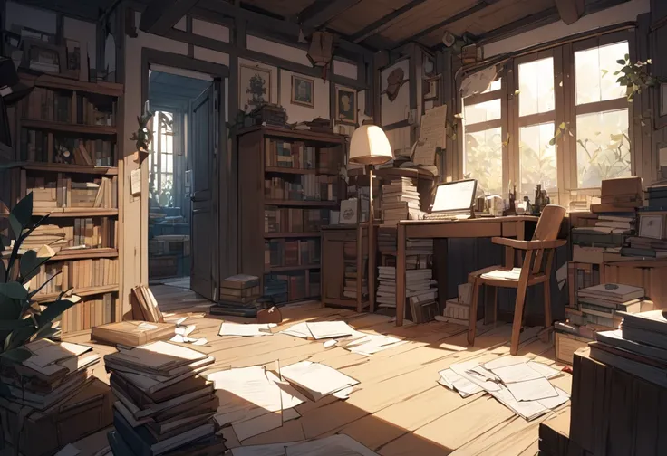 A cozy novelist's room filled with bookshelves stacked with numerous books. The room has a warm and inviting atmosphere, with soft lighting casting a gentle glow. In the corner of the room, a single rabbit sits quietly, adding a touch of charm and whimsy. ...