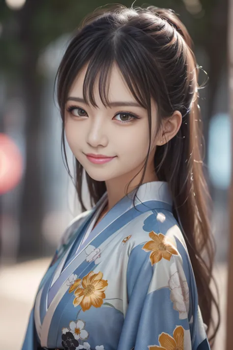 Looking at the camera,(((highest quality, 8k, masterpiece))), Sharp focus, (Beautiful woman with perfect figure), thin,  ((Kimono)), street, Highly detailed face and skin texture Detailed eyes Double eyelid Random pose, (smile),super cute Japan person,supe...