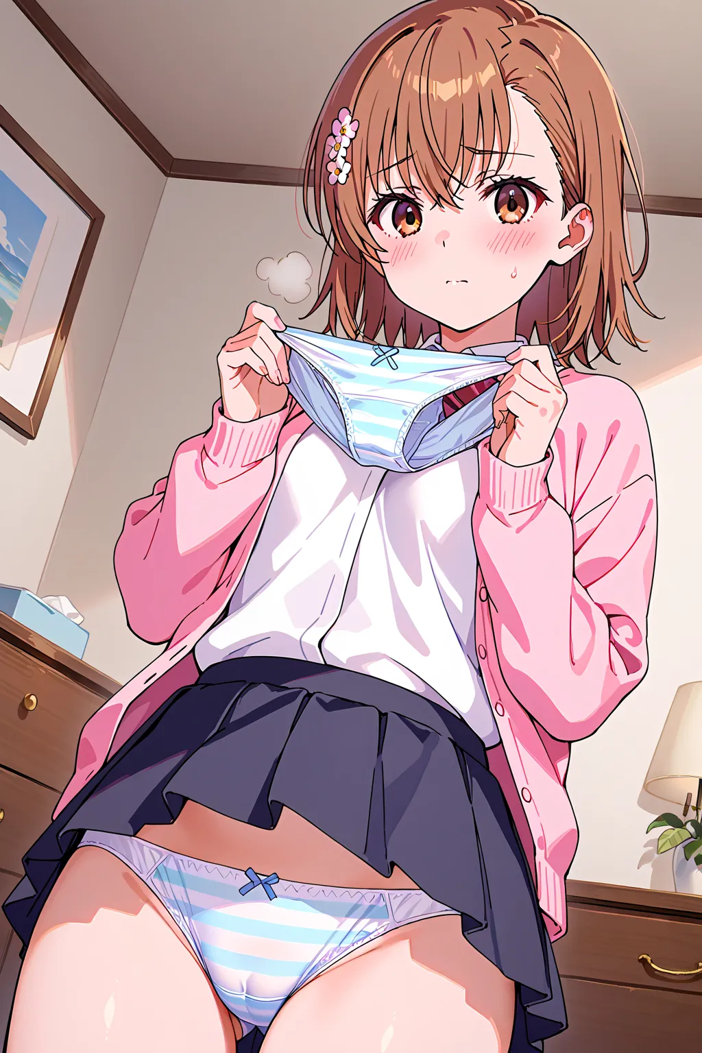 Beautiful Girl、Misaka Mikoto、pleated skirt、blush、 girly room、chest of drawers、chest of drawersの引き出しが開いている、chest of drawersの中には下着、panties in hand、holding panties with both hands、steam from panties、chest of drawersが開いてる、shows off her panties、Crotch、panties c...