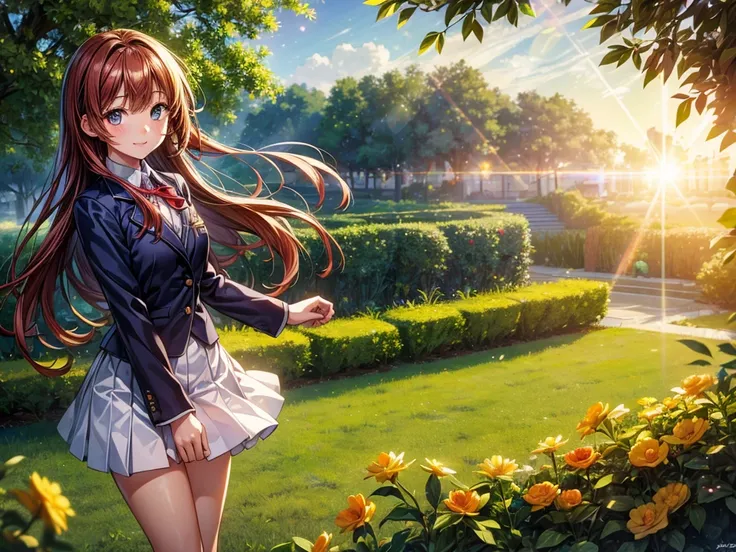 (((masterpiece))), (((best quality))),extremely detailed CG,(lens flare:1.4),the background is school garden,(magnificent view:1.2),(wind),1 girl,solo focus,red long hair ,light smile,light makeup,cinematic angle,Small breasts, school uniform blazer, 


