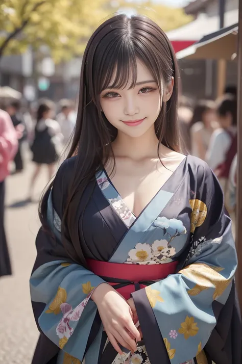 Looking at the camera,(((highest quality, 8k, masterpiece))), Sharp focus, (Beautiful woman with perfect figure), thin,  ((Kimono)), street, Highly detailed face and skin texture Detailed eyes Double eyelid Random pose, (smile),super cute Japan person,supe...