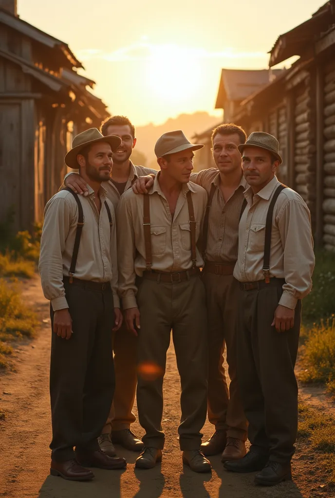 A group of seven  ren from the 1930s, dressed in worn linen shirts, braces and faded scarves, stand hugging their shoulders in the courtyard of a small town. The scene shines under the warm sunset, casting long shadows on weathered wooden houses and a wind...