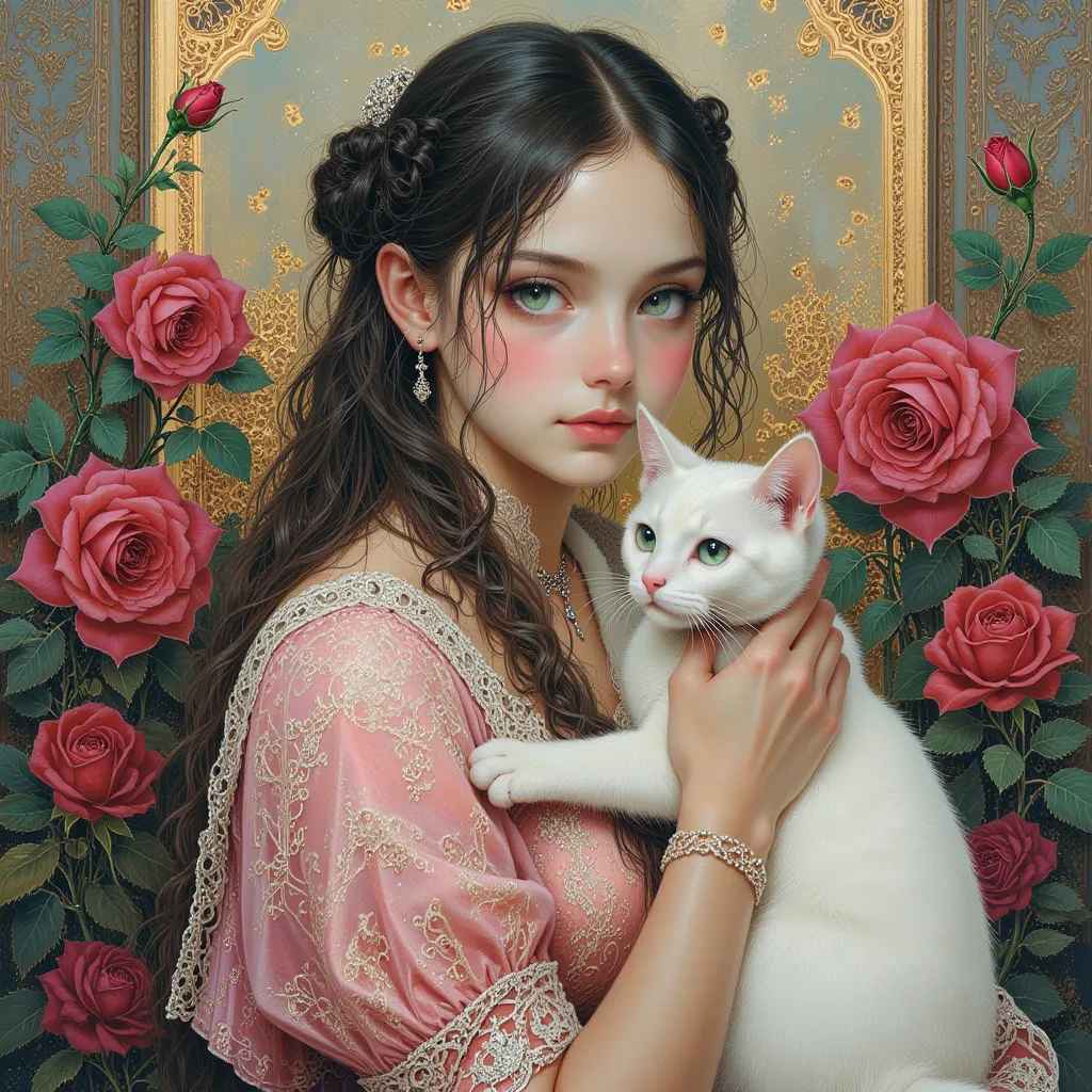  Rose、girl holding a cat、Feminine Skin 、paint that flows modestly on the bottom of the image, charming attitude, excellent sense of art、long hair、dress