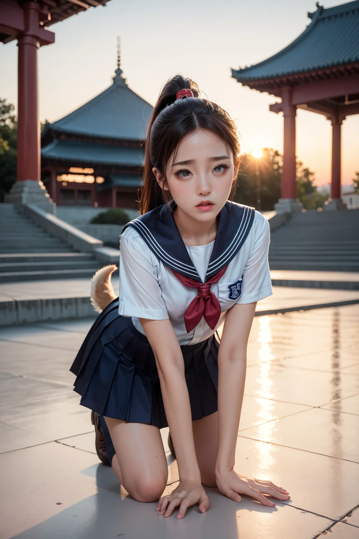 Female middle school student with dog ears and tail,ponytail,and forehead, school uniform,In front of the temple,evening,sunset,easygoing face,My skirt rolls up due to a cold, Very Small Breasts ,ish feeling,red, patchy eyes,Very delicate depiction,4K,real...