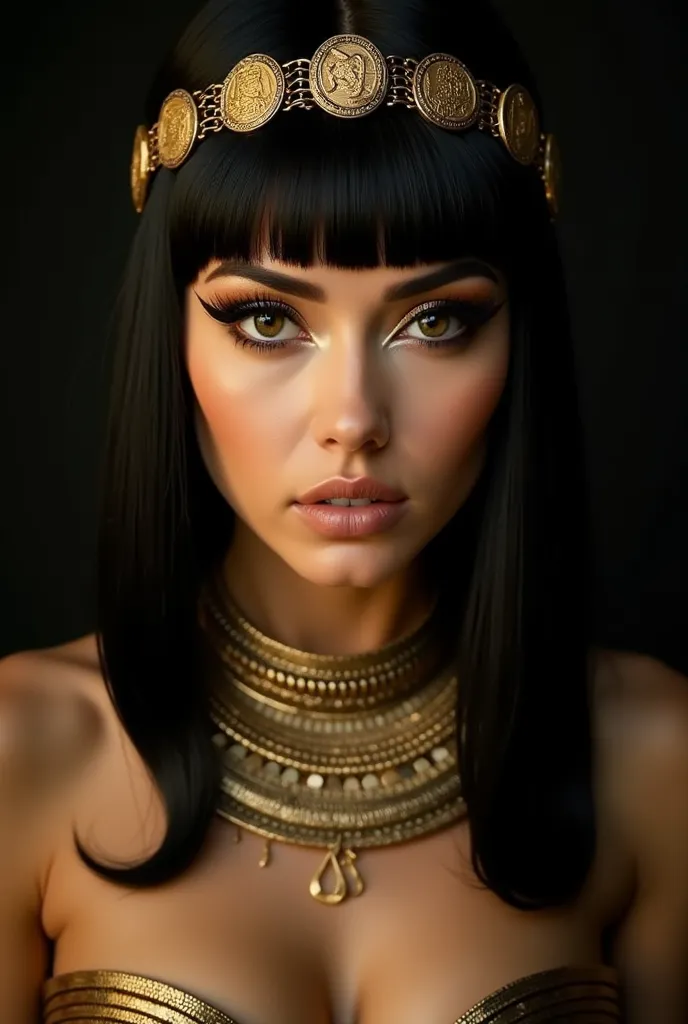 "Woman with Egyptian look ,  intense look and dramatic makeup with gold details.  wears a tiara with coins and chains ,  in addition to a metallic serpent-shaped necklace .  Straight black hair with fringe .  Dark background highlights the golden tones ,  ...