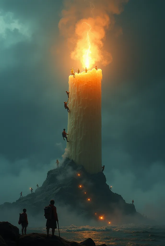 "A towering candle serving as a lighthouse for tiny adventurers. Some tiny figures are climbing it like a mountain, while others stand below, gazing at the massive glowing wick. Mystical fog and an adventurous, storybook atmosphere."