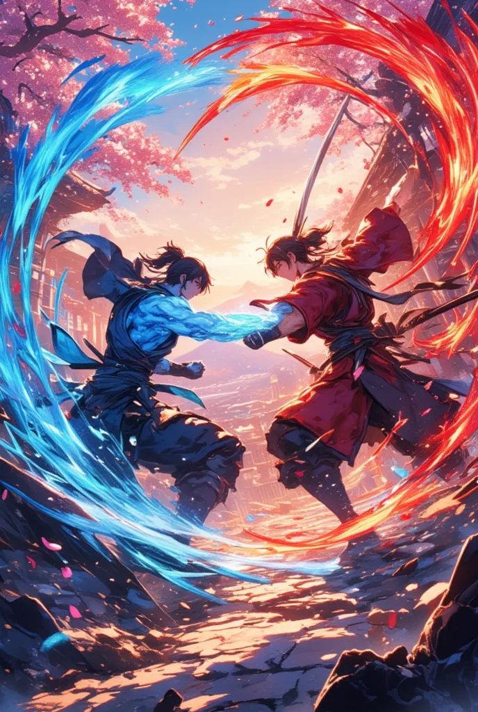 two rival martial artists that unfold in the courtyard of Yamadera Action-packed battle scenes。One pours blue energy into his fist、and the other wields a traditional sword that gives off a red aura。cherry blossom petals and leaves dramatically swirl around...