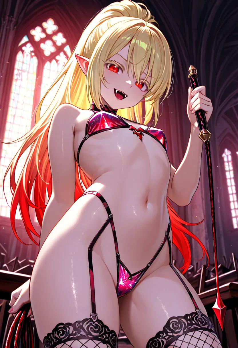 ultra detailed, absolutely resolution, masterpiece, highly detailed, sharp focus, vivid colors, soft lighting, cinematic composition, cute vampire, long thick blonde eyelashes, glossy silky flowing high layered blonde ponytail, captivating red large eyes, ...