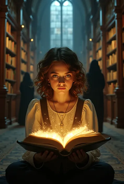 A young woman with curly brown hair and inquisitive green eyes sits in a grand, dimly lit library, surrounded by towering bookshelves filled with ancient, magical tomes. She wears a mix of modern and old-fashioned clothing, symbolizing her connection to bo...