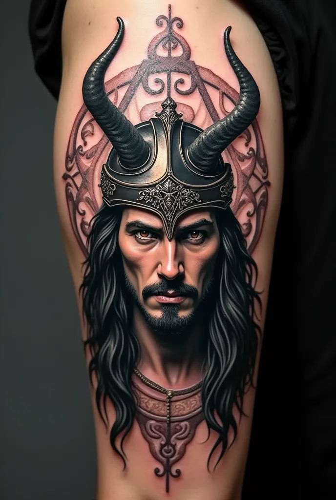 Realistic Nordic loki god tattoo design with a helmet with cimarron horns 