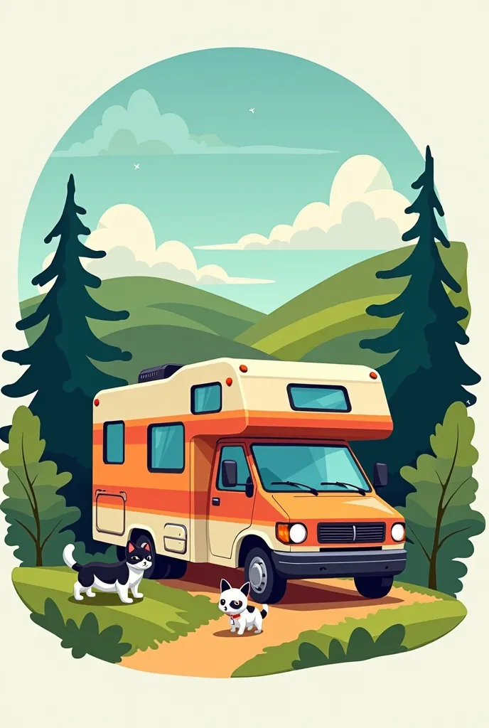 Logo based on the motorhome environment in the camper background and nature Let out a small black dog and a black and white cat. both of them the same size 