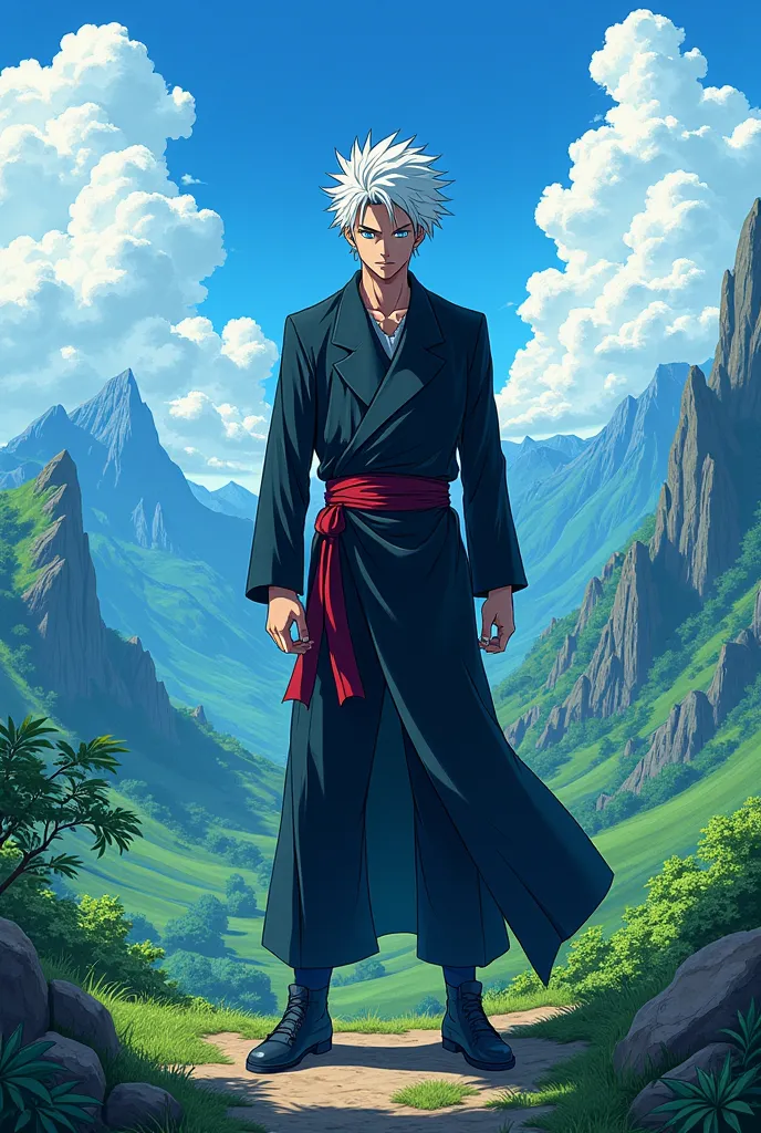 Full body of a man standing among a beautiful landscape , manga Jujutsu Kaisen, Satoru Gojô