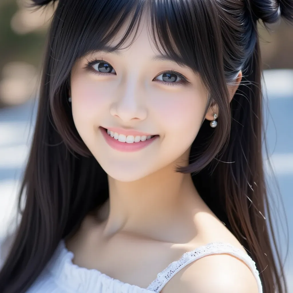 A hyper-realistic, ethereal portrait of Alseria, a beautiful celestial priestess, delicate idol-like facial features, egg-shaped face, youthful beauty, shiny black hair styled in two buns with bangs gathered neatly at the center and long flowing hair casca...