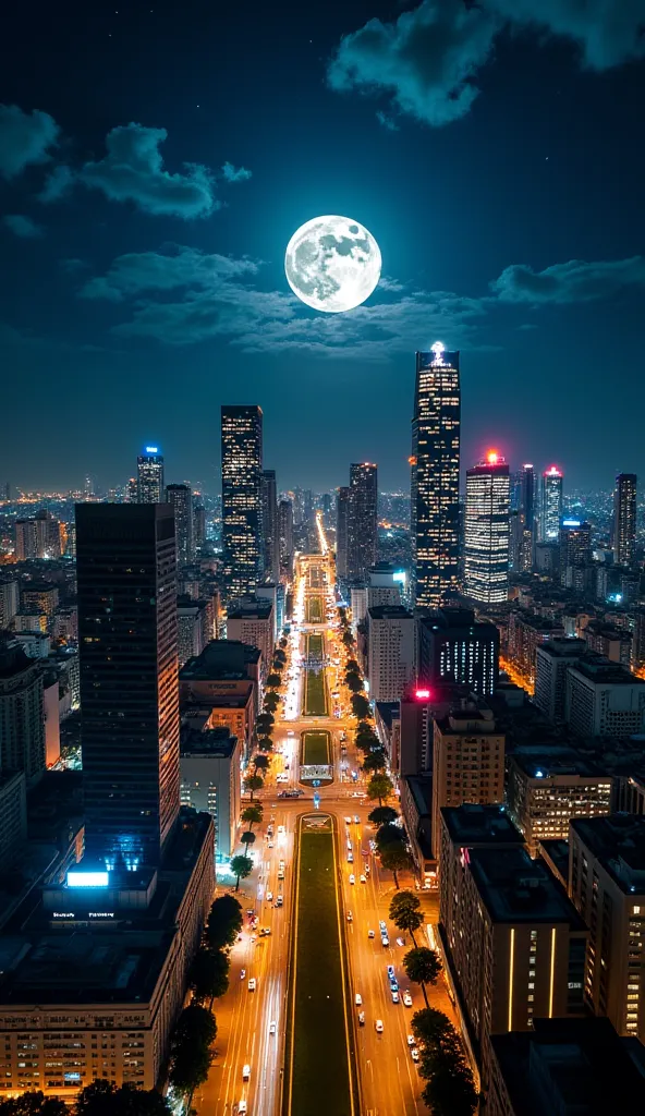 Aerial drone view of São Paulo, Brazil, at night under a full moon, showcasing the city’s vibrant skyline with towering skyscrapers like the Edifício Itália and Altino Arantes glowing in golden and blue lights. The streets below pulse with traffic and neon...