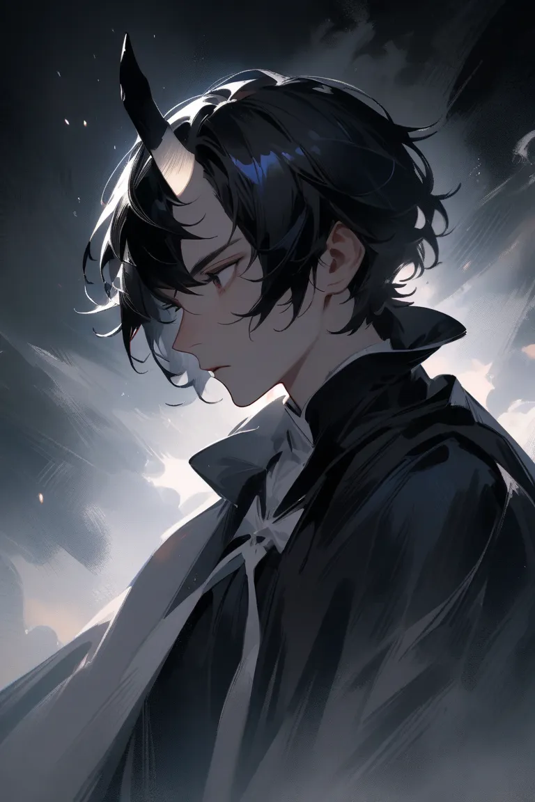 anime-style boy with white and black hair, a costume half black and half white, With only one horn 