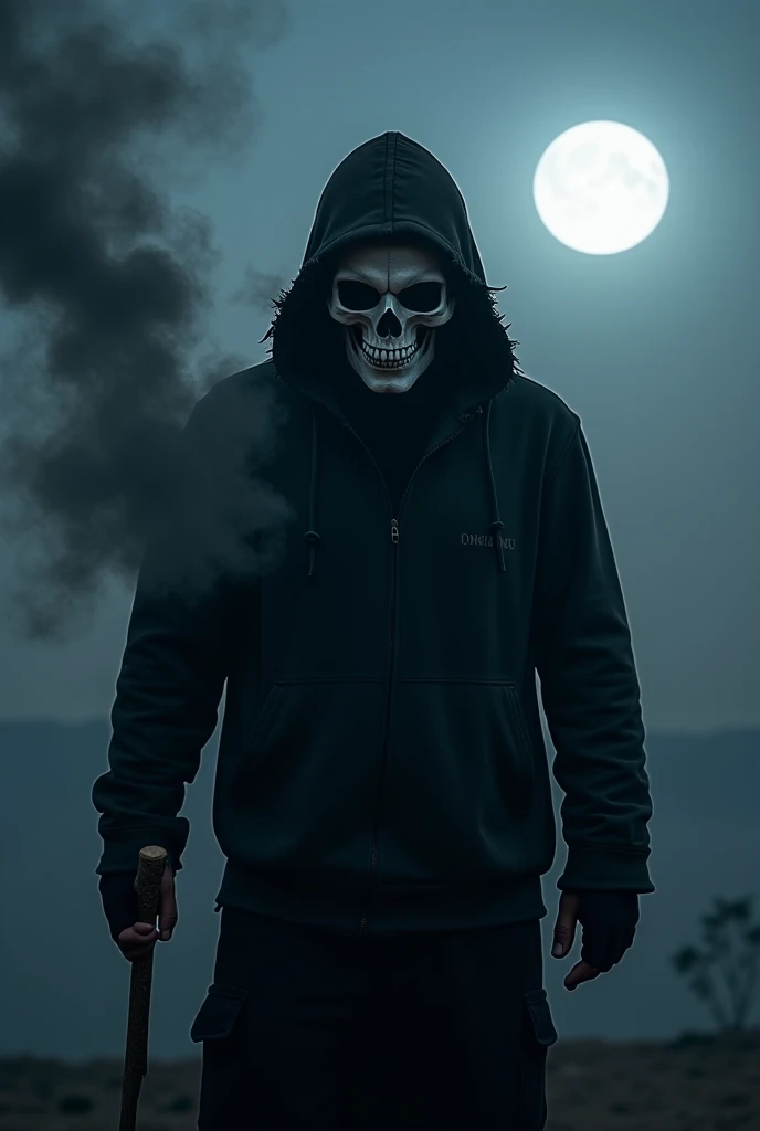  White man, wearing a frayed black hoodie,  skull face, black clothes, holding a large sickle, Cabo Grande in front of you,  dark image , night, moon in the sky, mist, Dense smoke coming out of the man, Realistic image