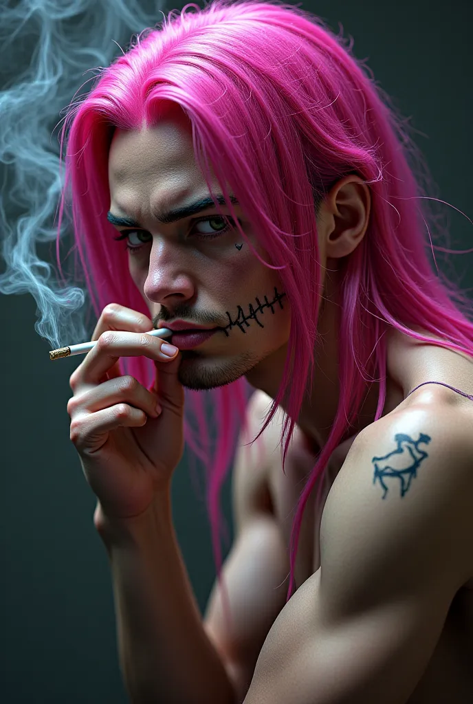 Create a man who has long, pink hair, plus visible scars on every corner of his mouth, that contribute to his enigmatic and intense appearance, and Fassa, him shirtless, holding a cigarette 