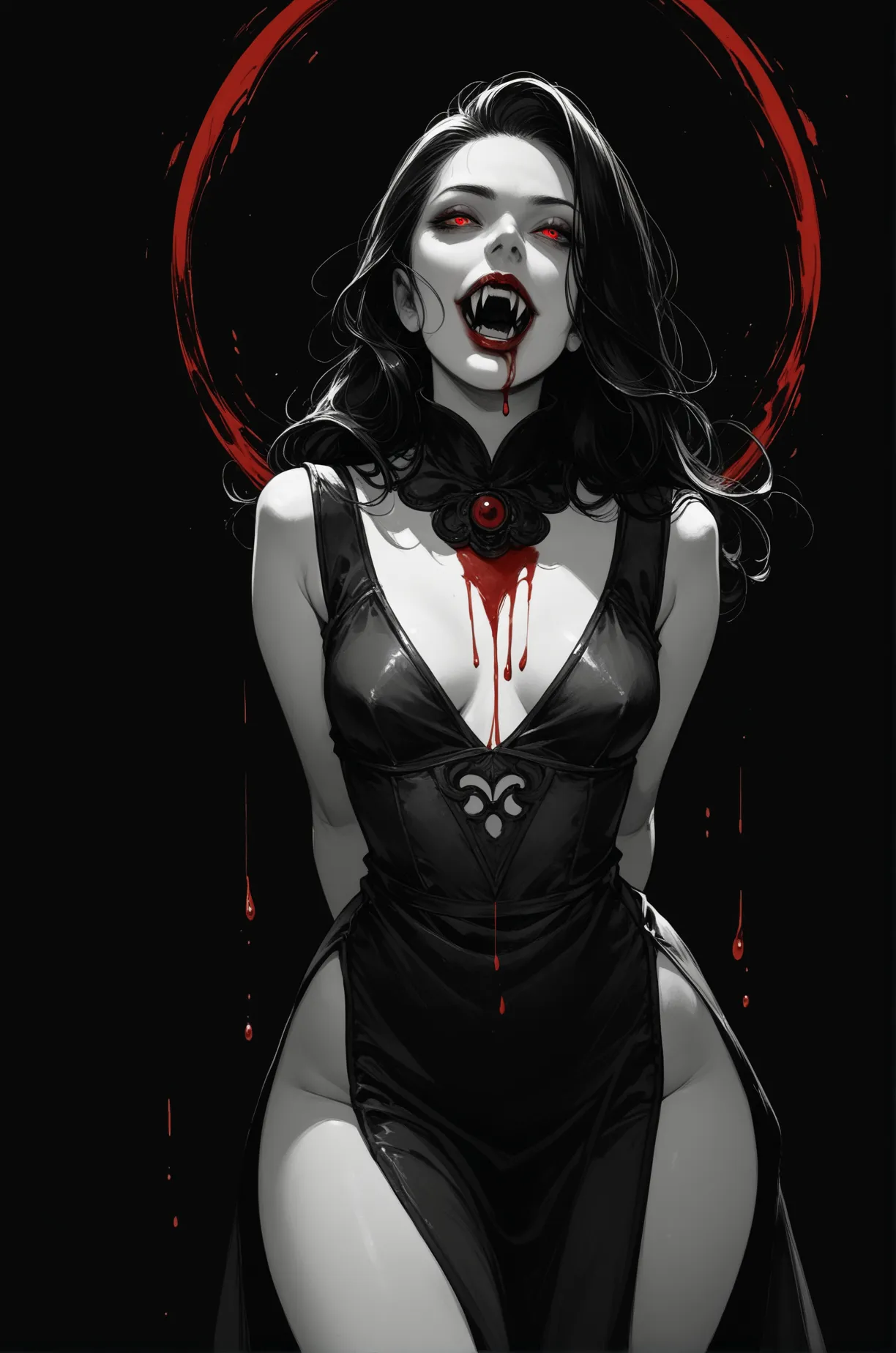 score_9, score_8_up, score_7_up, a vampire girl, open mouth, fangs, red lips, red eyes, seductive look, black hair, colonial dress, medium breast, wide hips, thighs, hands behind back, blood dripping from his mouth, (front view), grayscale, black backgroun...