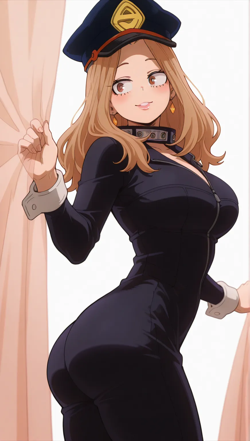 (masterpiece), (portrait), big breasts (aesthetics), ((1 female 21 years old)), Highlight earrings), ((long hair, parted bangs)), ((Hot crystal brown hair)), ((Camie Utsushimi, big ass)) straight hair, thin eyes open, brown eyes, cute, naughty, malicious s...