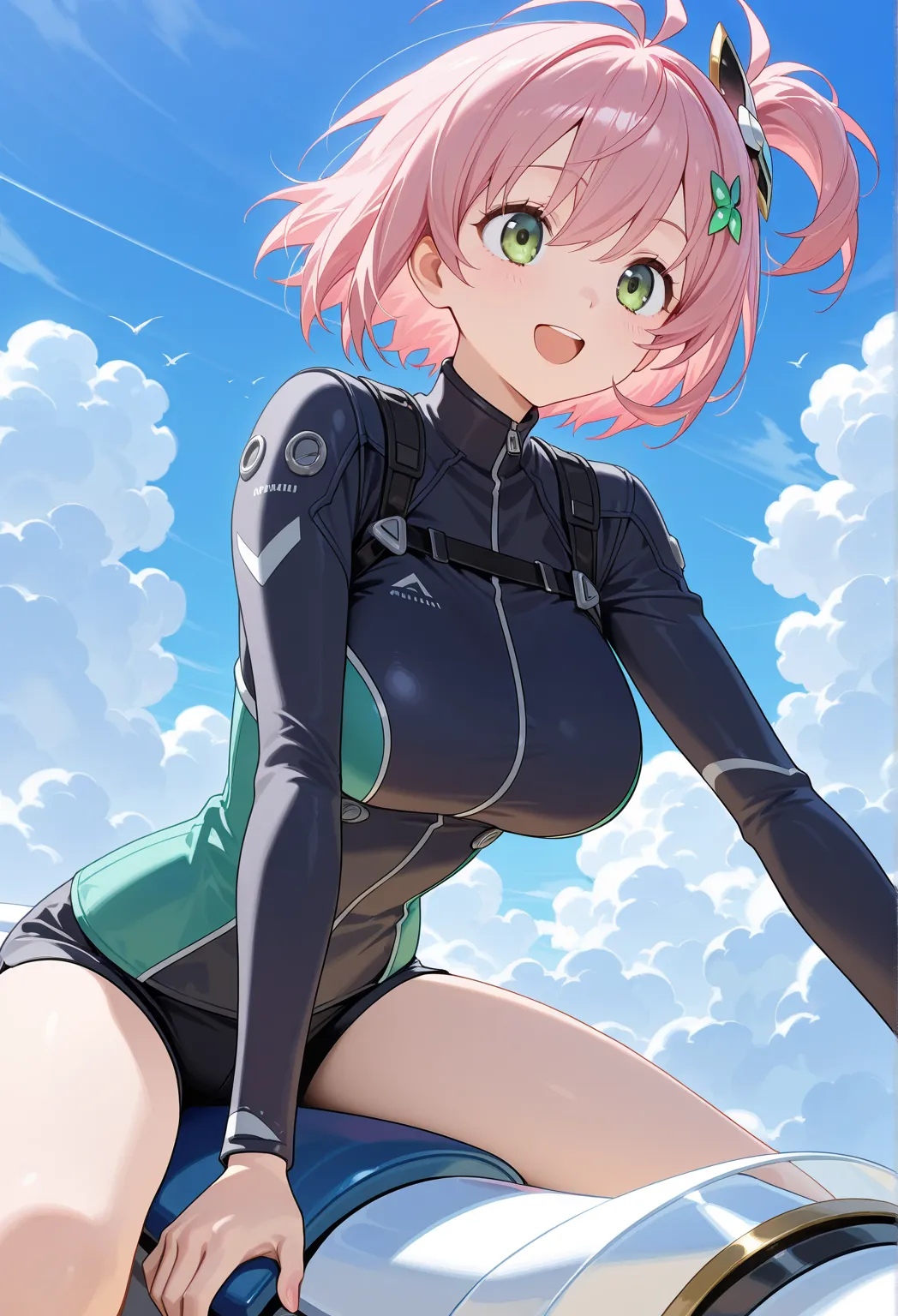 A Single Cloud in the Sky / A cloud in the sky / A cloud floating in the sky and a girl riding it , large breasts,  pink hair, Side ponytail, short hair, Hair Ornament, Green eyes, Antenna hair, in the sky, clouds